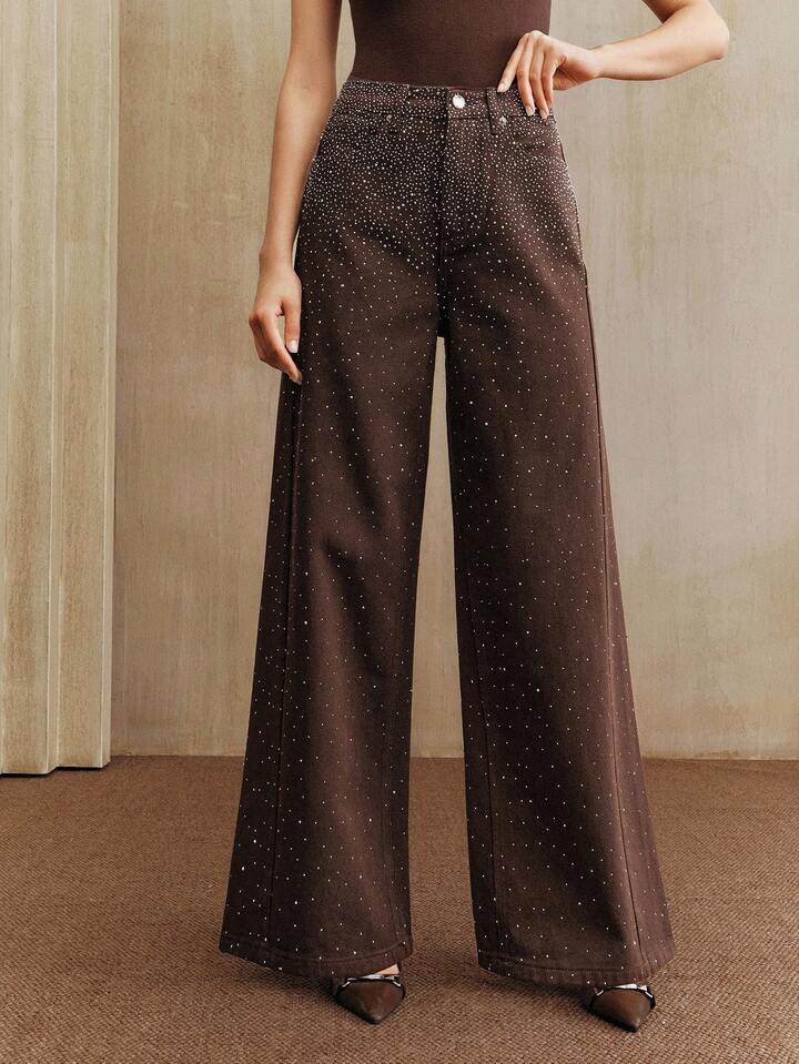 CM-BS242333 Women Elegant Seoul Style Mid Waist Baggy Flared Leg Pants - Brown