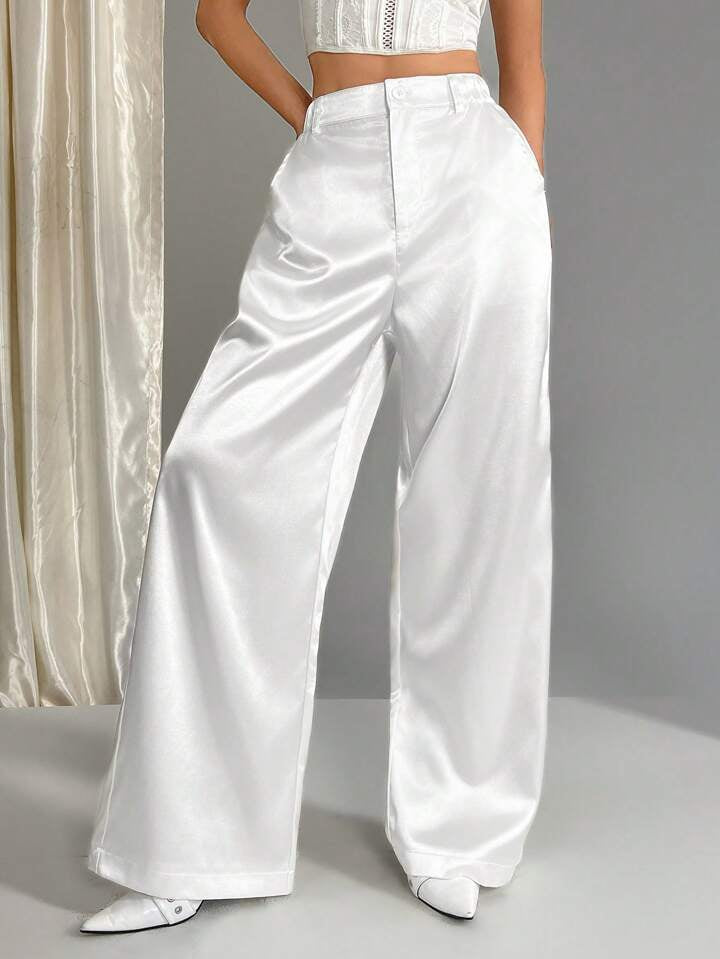 CM-BS751577 Women Casual Seoul Style Satin Elastic Waist Wide Leg Palazzo Pants - White