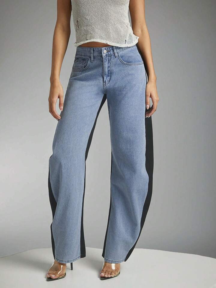 CM-BS471070 Women Casual Seoul Style Two-Tone Contrast-Color Pocket Denim Straight Leg Jeans