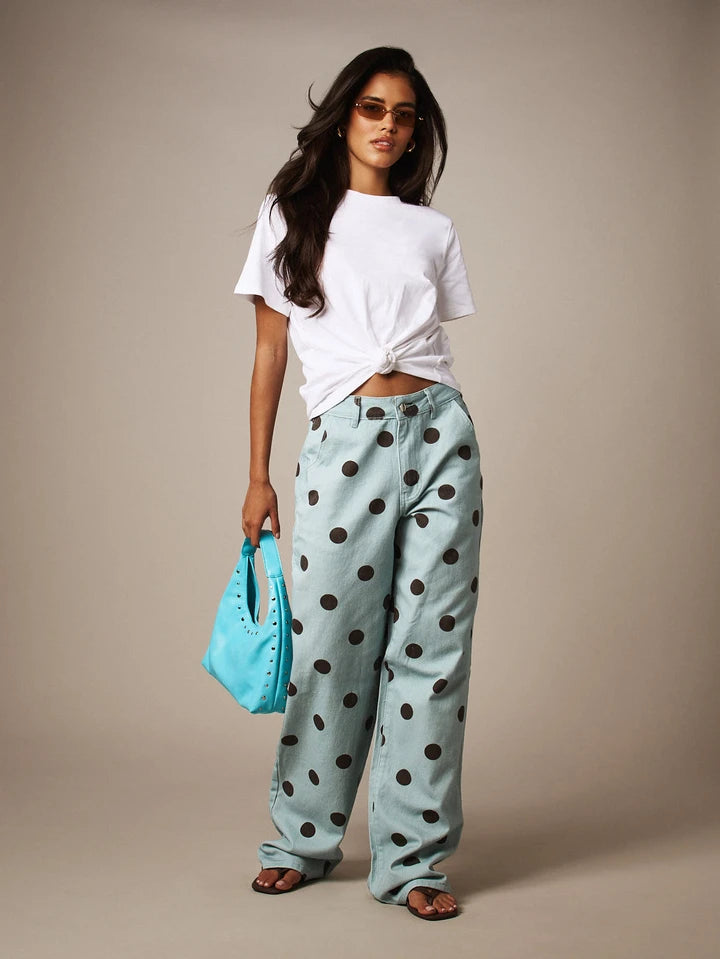 CM-BS518417 Women Casual Seoul Style Low Waist Polka Dot Print Straight Leg Jeans - Light Blue