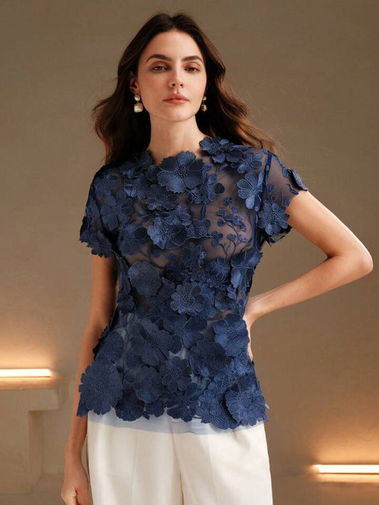 CM-TS154467 Women Elegant Seoul Style Round Neck Flounce Sleeve Embroidery Floral Applique Blouse - Navy Blue