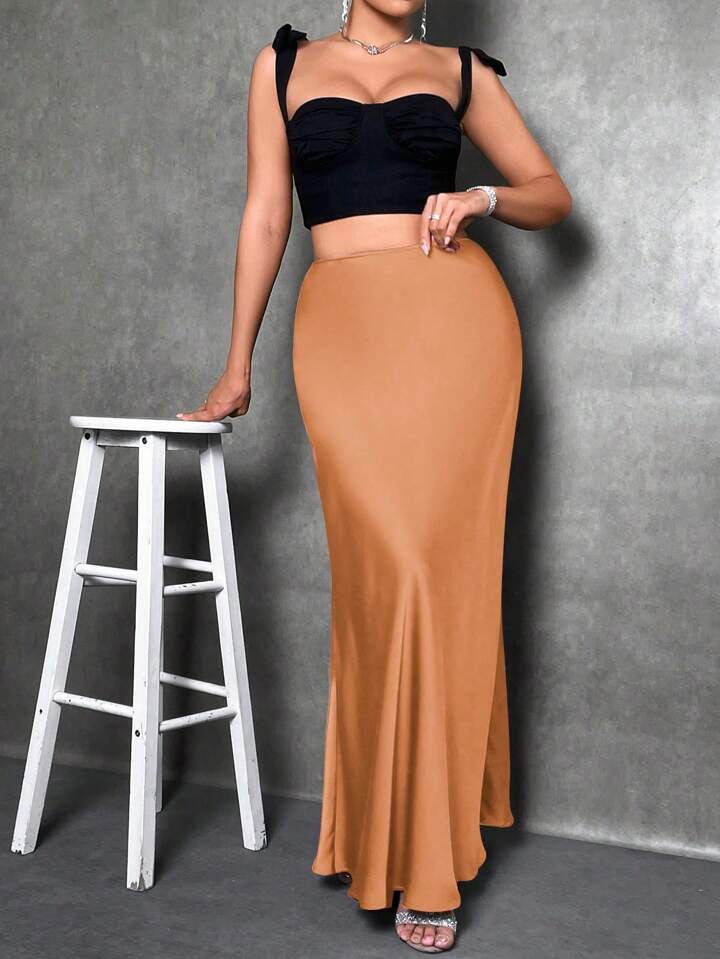 CM-BS970877 Women Casual Seoul Style Solid Asymmetrical Mermaid Hem Skirt - Orange