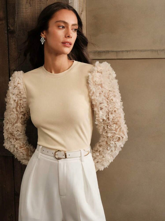 CM-TS364610 Women Elegant Seoul Style Knit Patchwork Puff Sleeve Casual Crew Neck T-Shirt - Apricot