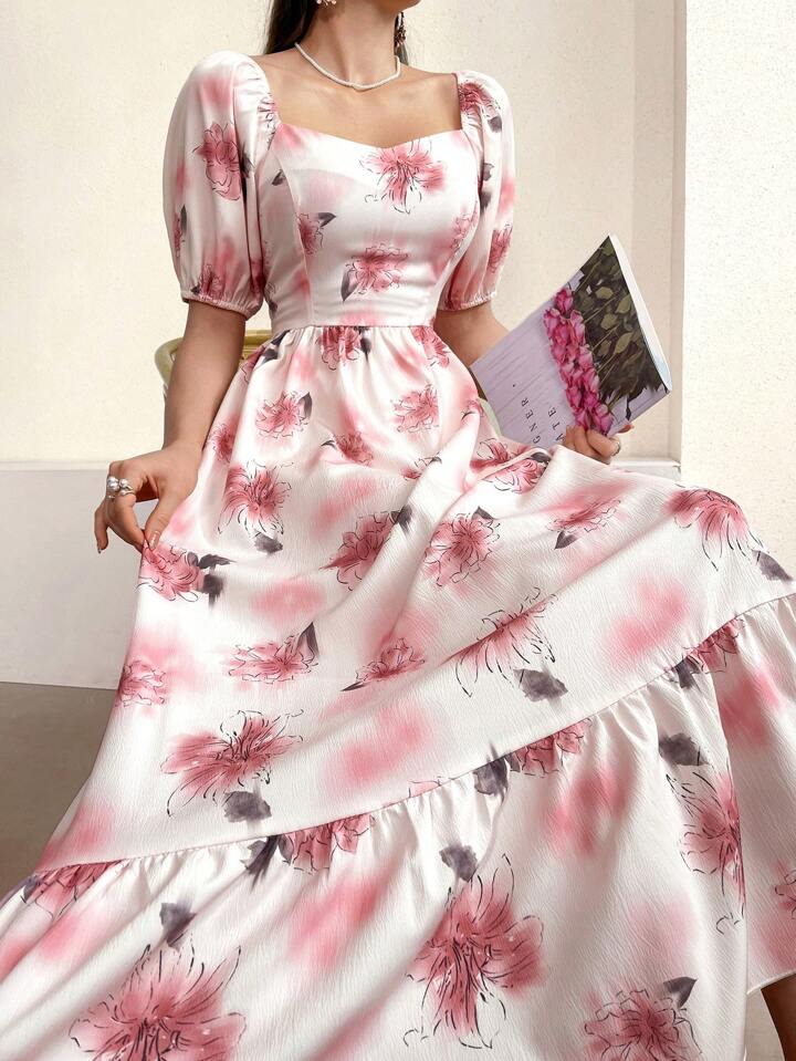CM-DS703995 Women Casual Seoul Style Floral Print Sweetheart Neckline Ruffle Hem Dress