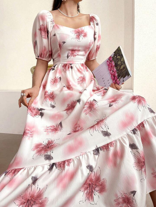 CM-DS703995 Women Casual Seoul Style Floral Print Sweetheart Neckline Ruffle Hem Dress
