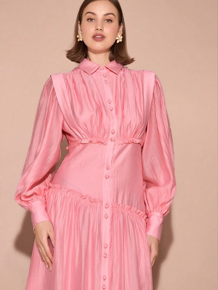 CM-DS410178 Women Elegant Seoul Style Collar Neckline Front Button Lantern Long Sleeve Gathered Maxi Dress