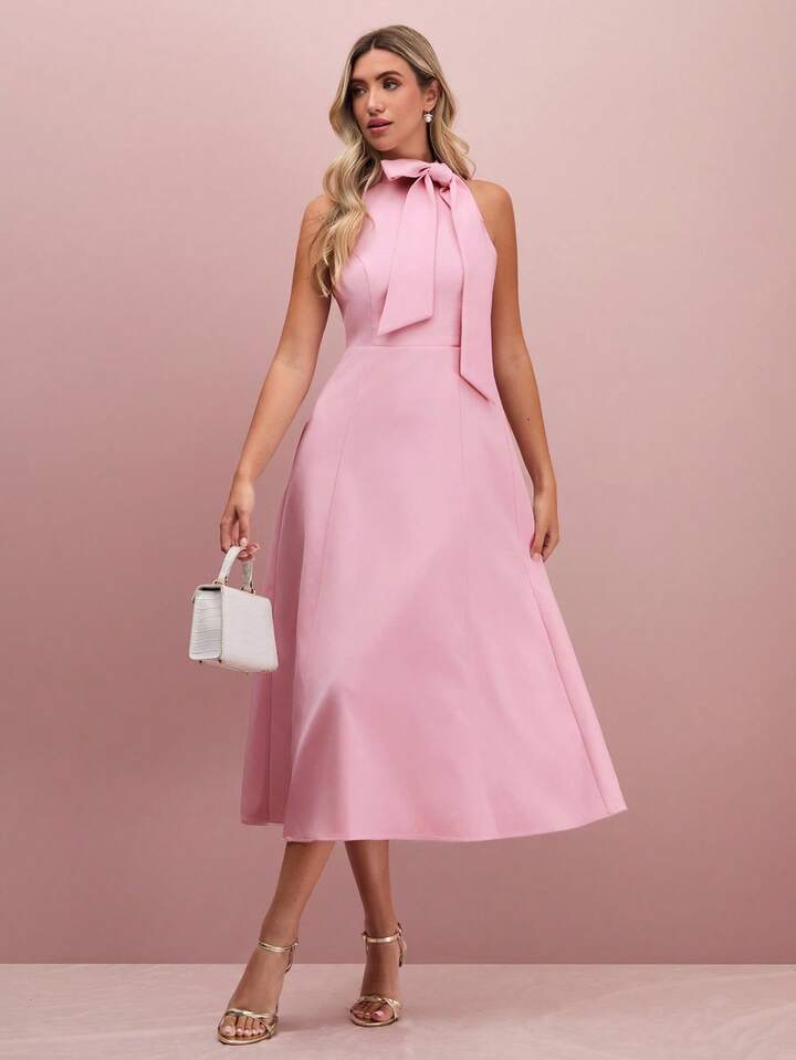 CM-DS051639 Women Elegant Seoul Style Tie Neck Sleeveless High Waist A-Line Midi Dress - Pink