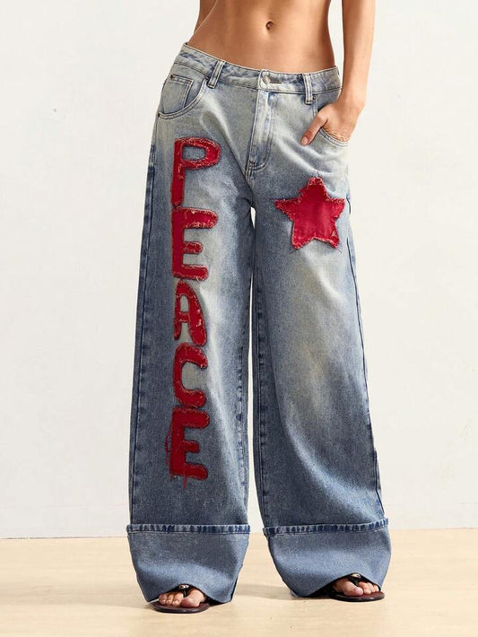 CM-BS472211 Women Casual Seoul Style Medium Wash Color-Blocked Embroidered Loose Fit Denim Jeans