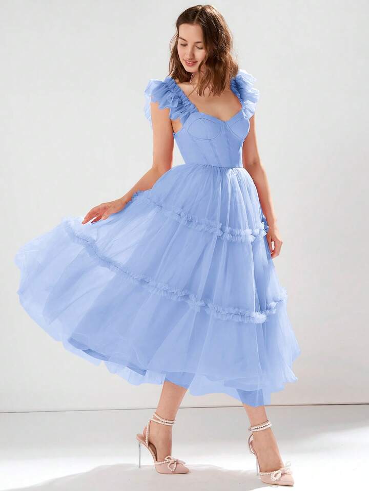 CM-DS515994 Women Elegant Seoul Style Sweet Heart Neck Flounce Sleeve Ruched Mesh Dress - Baby Blue