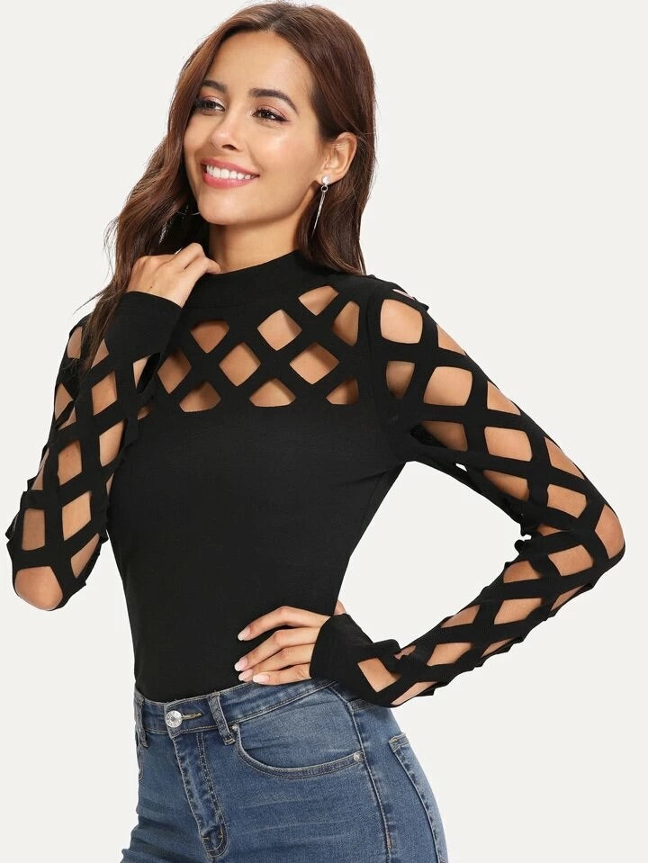 CM-TS502713 Women Casual Seoul Style Mock Neck Cage Yoke Sleeve Top - Black