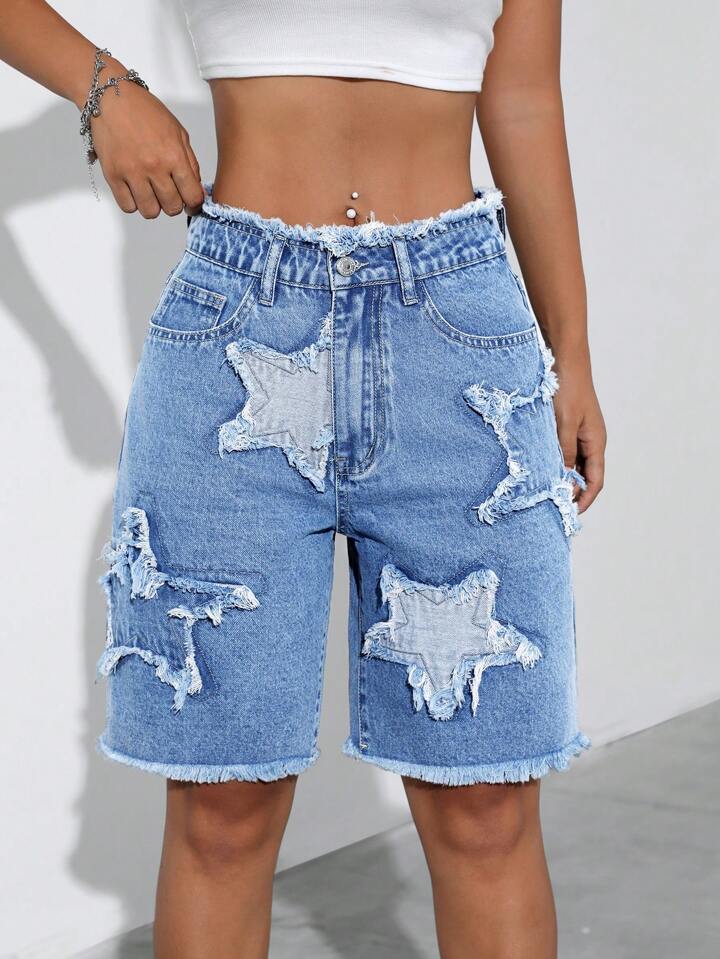CM-BS279476 Women Casual Seoul Style Medium Wash Star Patchwork And Pocket Denim Shorts