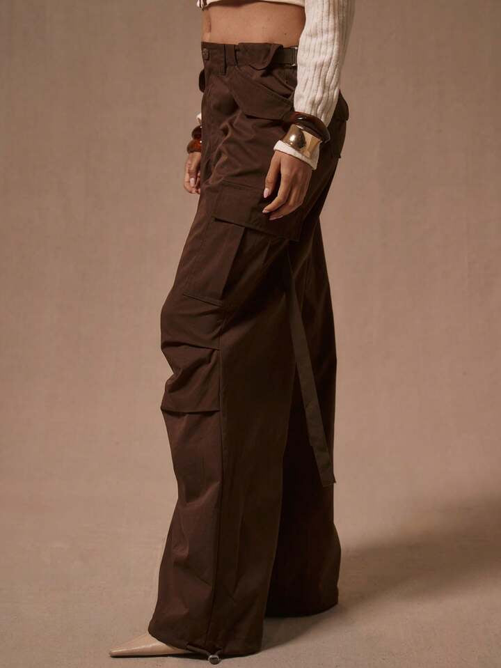 CM-BS387973 Women Casual Seoul Style Low Waist Wide Leg Cargo Trousers - Chocolate Brown