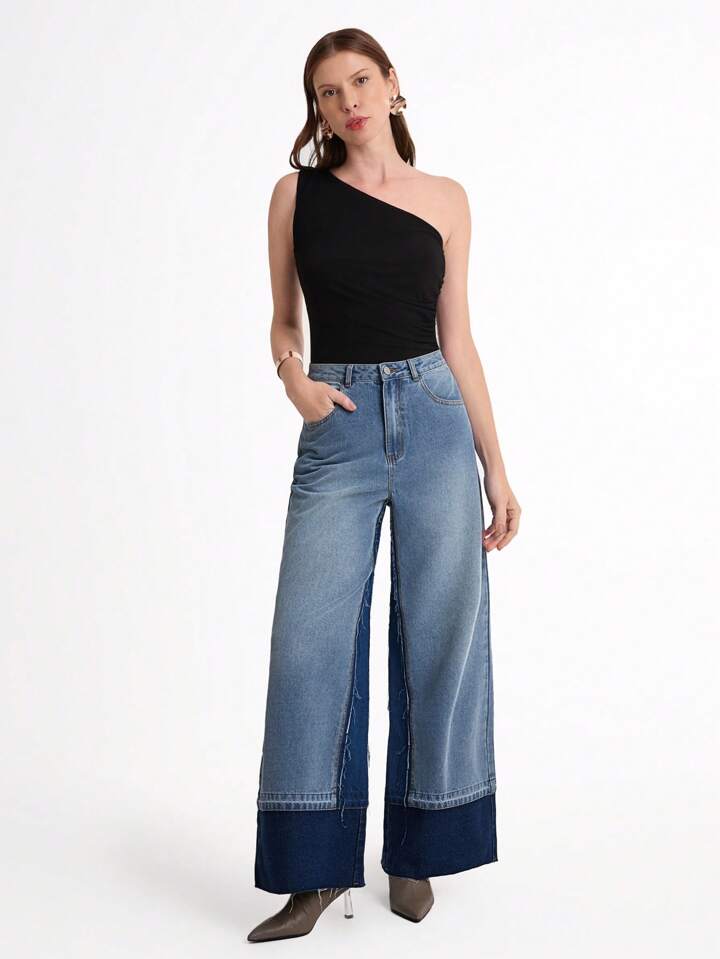 CM-BS052067 Women Casual Seoul Style Light Wash Colorblock Insert Pocket Loose Fit Wide Leg Jeans