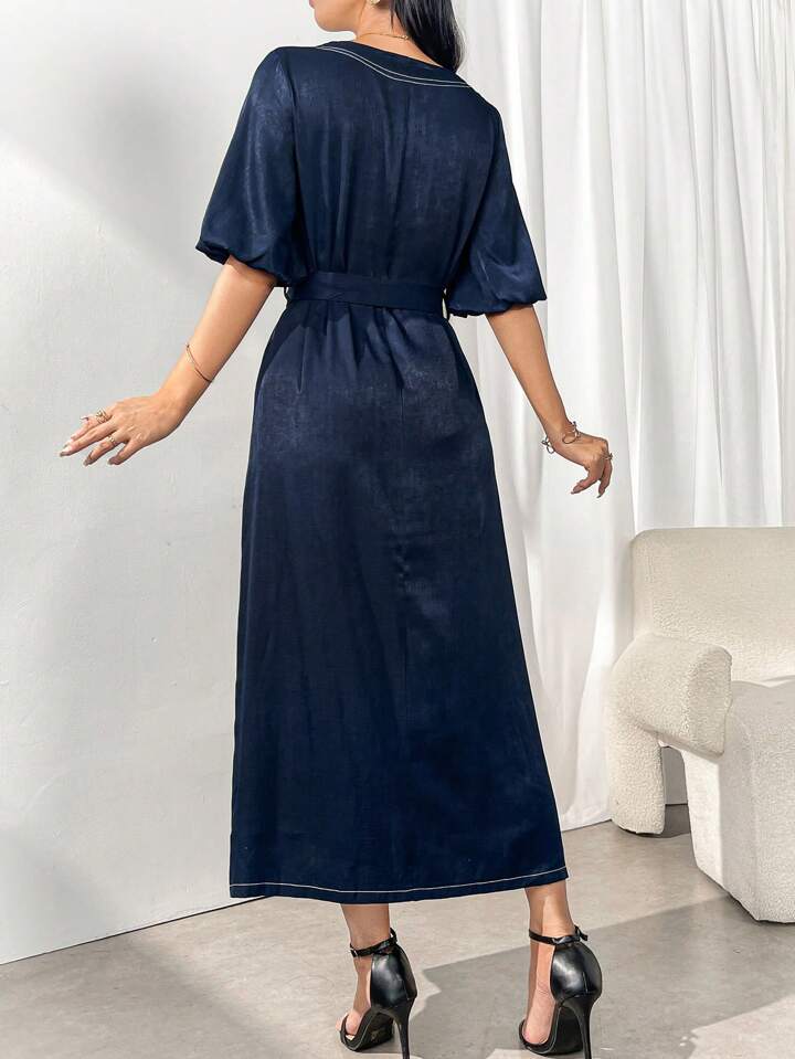CM-DS778490 Women Elegant Seoul Style Square Neck Front Button Tie-Waist Short Sleeve Dress - Blue