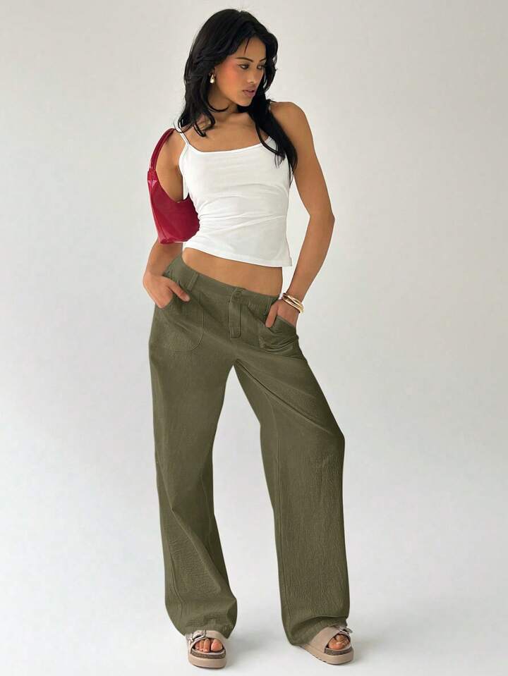 CM-BS270751 Women Casual Seoul Style Solid Color Low Waist Loose Straight Leg Pants - Army Green