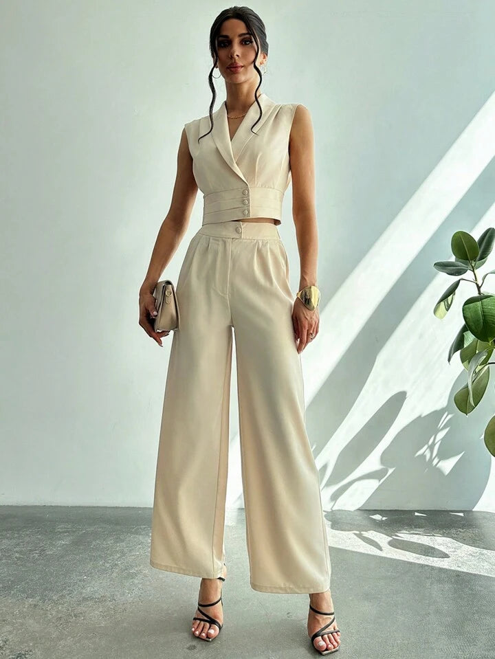 CM-SS196426 Women Elegant Seoul Style Collared Fitted Cap Sleeve Shirt With Straight-Leg Pants Suit - Apricot