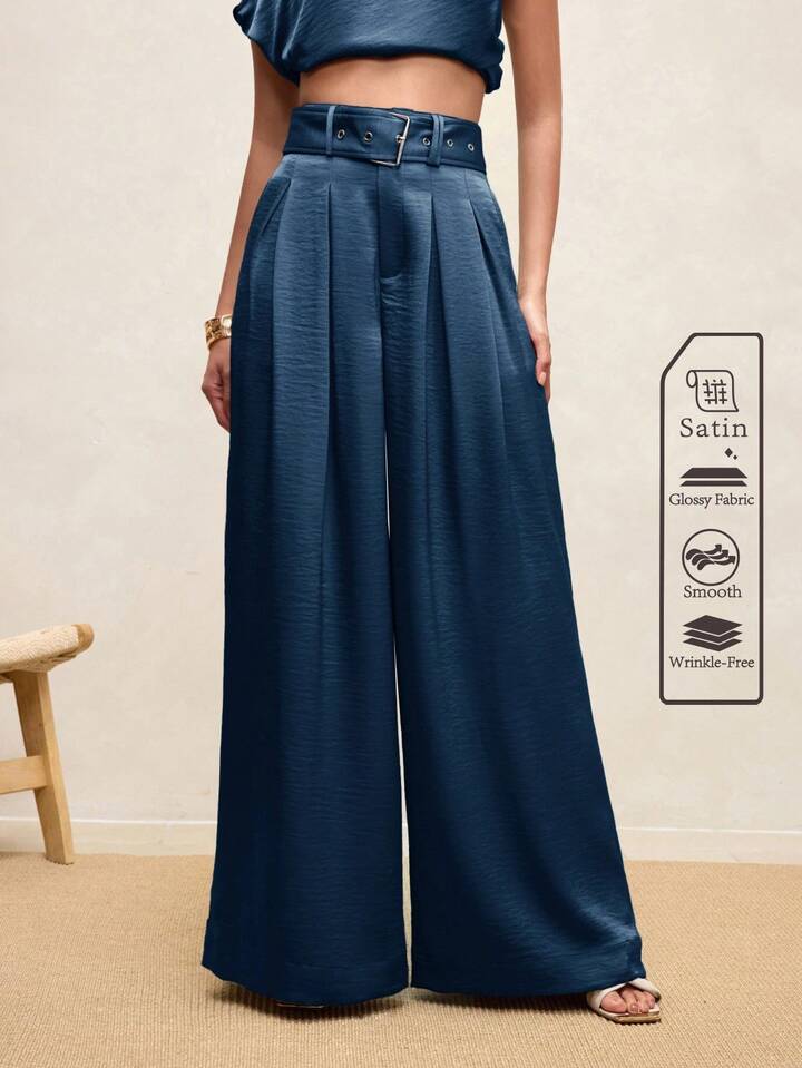CM-BS064448 Women Casual Seoul Style High Waist Pleated Wide Leg Pants - Blue