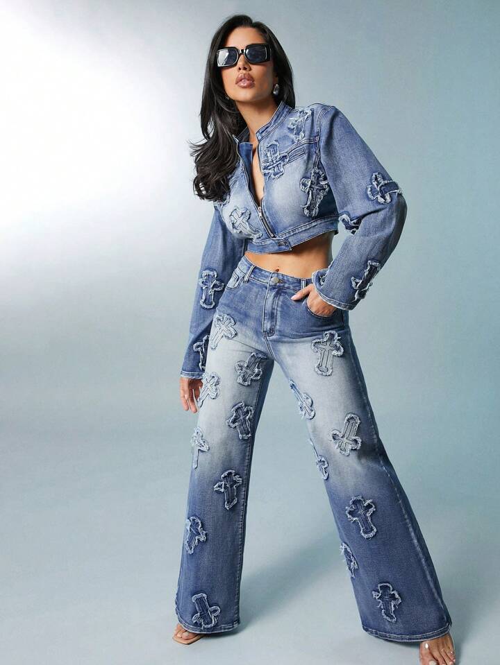 CM-BS081312 Women Casual Seoul Style Medium Wash Cross Patch Washed Wide Leg Jeans