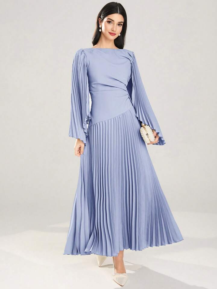 CM-DS986626 Women Elegant Seoul Style Round Neck Long Sleeve Asymmetrical Pleated Dress - Blue