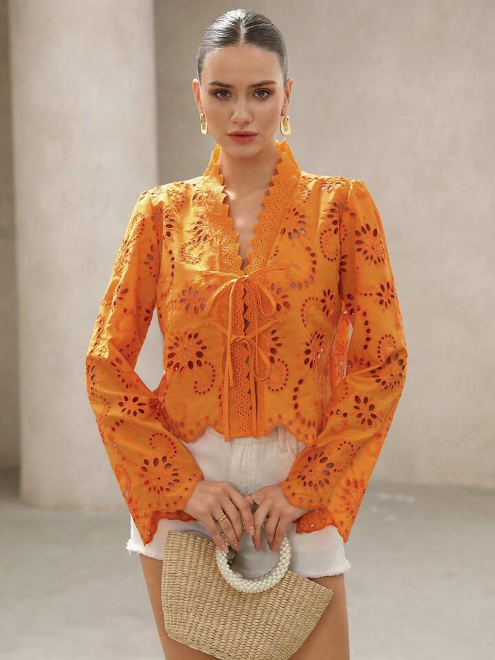 CM-TS187735 Women Trendy Bohemian Style Bowknot Tie Frayed Hem Embroidered Loose Long Sleeve Blouse - Orange