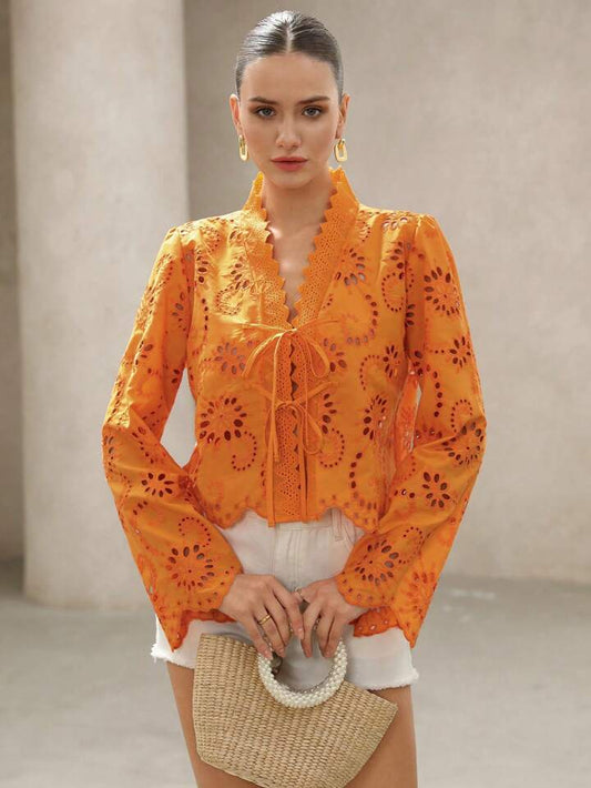 CM-TS187735 Women Trendy Bohemian Style Bowknot Tie Frayed Hem Embroidered Loose Long Sleeve Blouse - Orange
