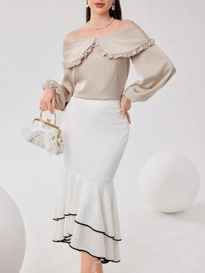 CM-TS399262 Women Elegant Seoul Style Off the Shoulder Long Sleeve Blouse - Apricot