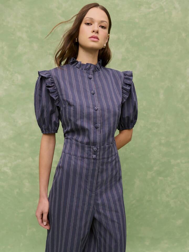CM-JS316963 Women Casual Seoul Style Ruffled Collar Puff Sleeve Wide Leg Pinstripe Jumpsuit - Navy Blue