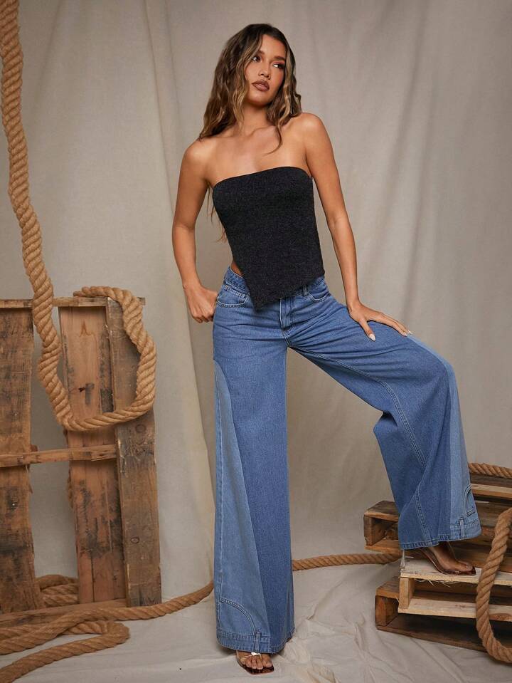 CM-BS105007 Women Casual Seoul Style Loose Pockets Extra Long Wide Leg Jeans - Blue