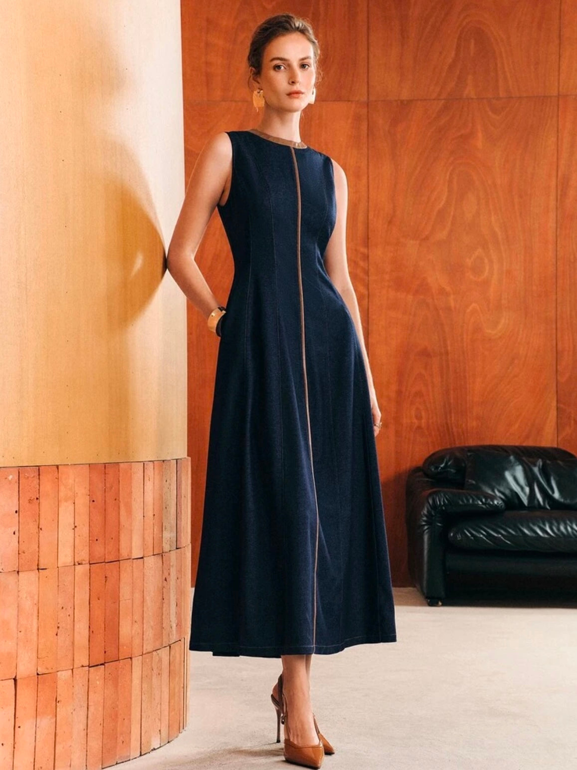 CM-DS805384 Women Elegant Seoul Style PU Collar Contrast Color Faux Denim Effect Long A-Line Sleeveless Dress - Navy Blue