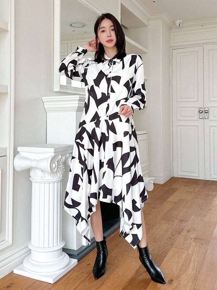CM-DS352748 Women Casual Seoul Style All-Over Print Asymmetrical Hem Shirt Dress