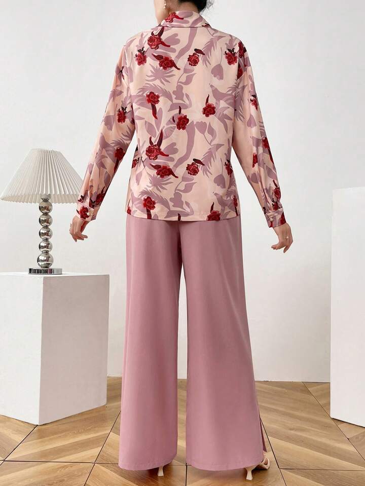 CM-SS278949 Women Casual Seoul Style Floral Front Button Long Sleeve Blouse With Pants - Sets