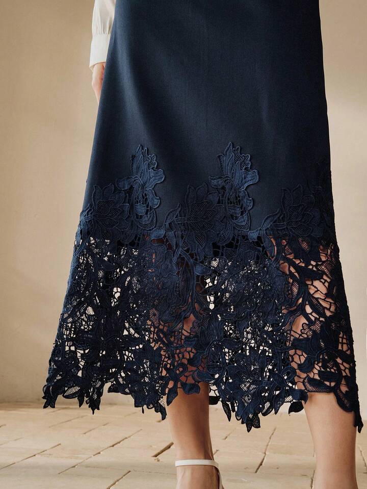 CM-BS827274 Women Elegant Seoul Style Hollow Embroidered Lace Patchwork A-Line Belted Mid-Length Skirt