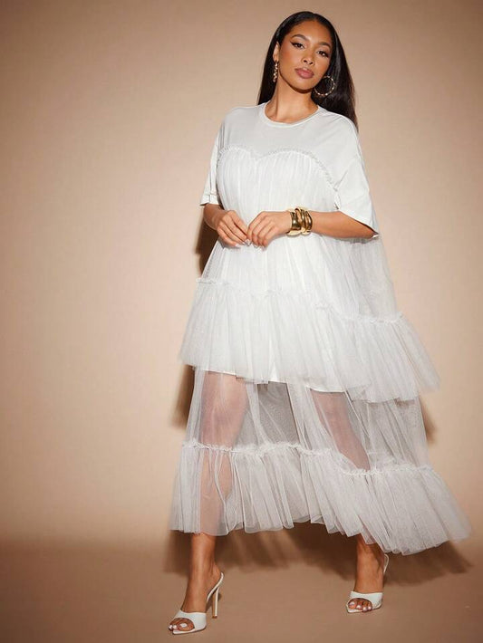 CM-DS261298 Women Elegant Seoul Style Round Neck Short Sleeve Contrast Mesh Tulle Tiered Maxi Dress - White