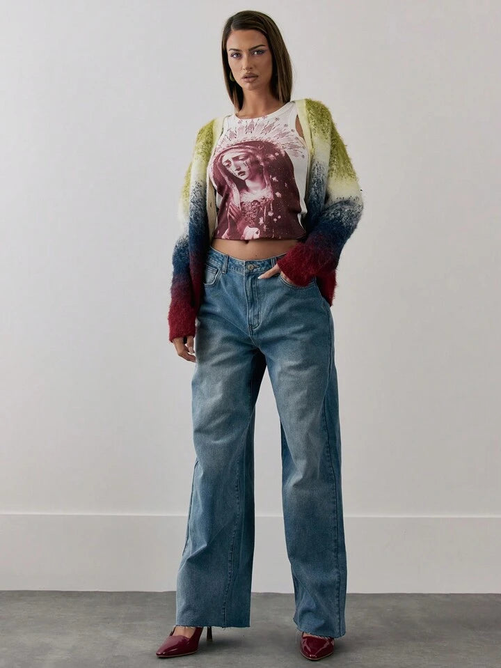 CM-CS960755 Women Casual Seoul Style Button Up V-Neck Gradient Knit Oversized Cardigan