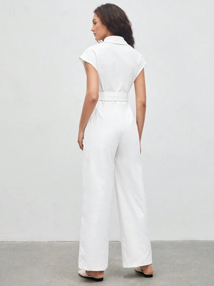 CM-TS574474 Women Elegant Seoul Style Collar Neckline Short Sleeve Belted Shirt Jumpsuit - White