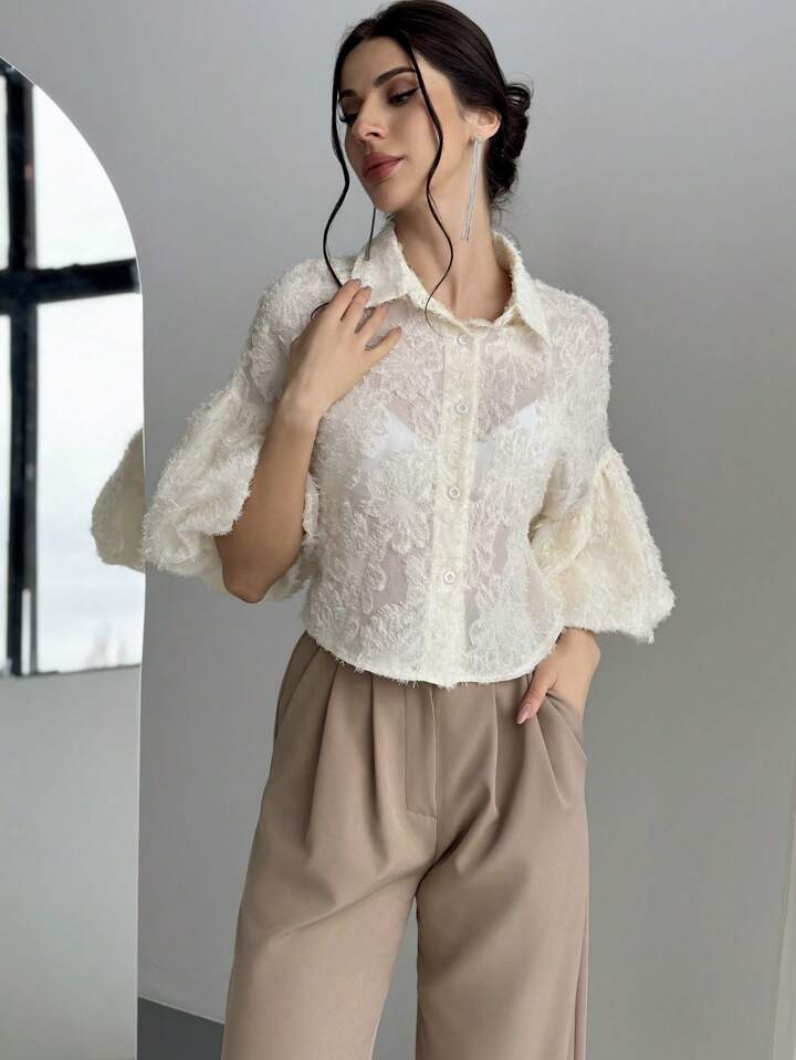 CM-TS123261 Women Elegant Seoul Style Cut-Out Floral Design Short Sleeve Shirt - Apricot