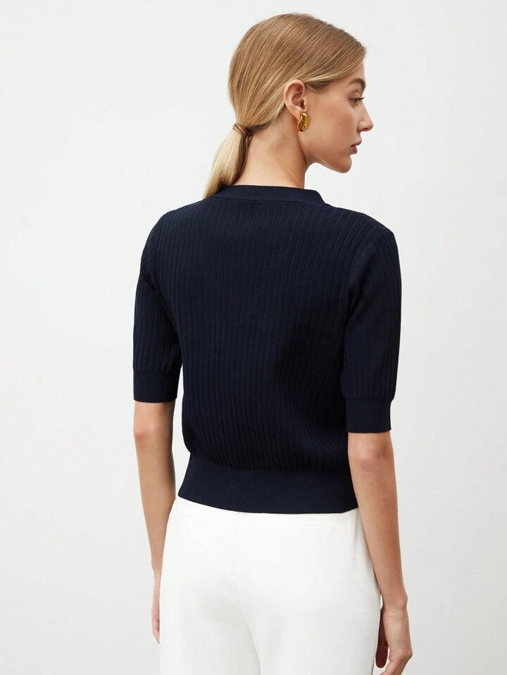 CM-TS515171 Women Casual Seoul Style V-Neck Short Sleeve Button Front Knit Blouse - Navy Blue