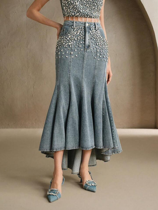 CM-BS801184 Women Elegant Seoul Style Light Wash Rhinestone Embellished Mermaid Denim Skirt