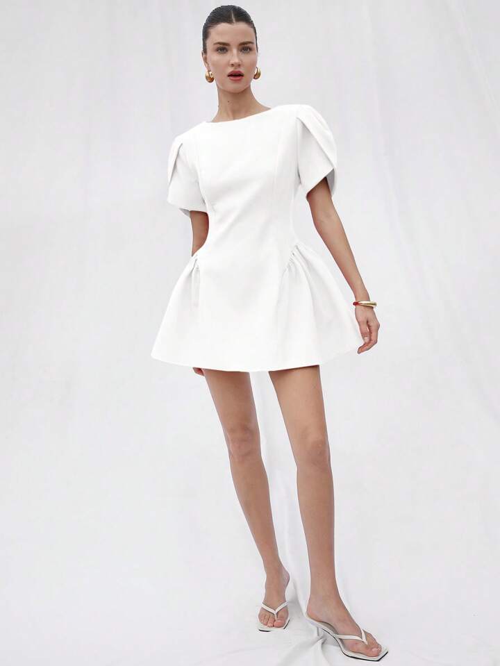CM-DS855246 Women Elegant Seoul Style Tulip Print Puff Spliced Hem Round Neck Short Sleeve Dress - White
