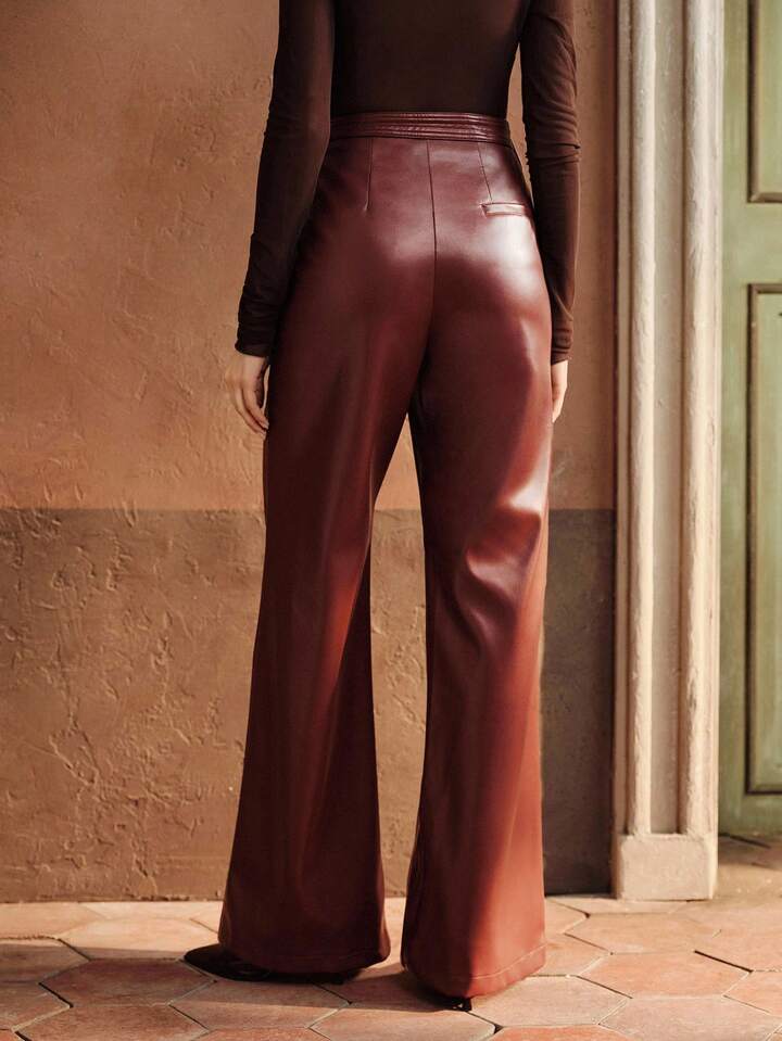CM-BS720037 Women Elegant Seoul Style High Waist PU Leather Belted Straight Leg Pants - Burgundy