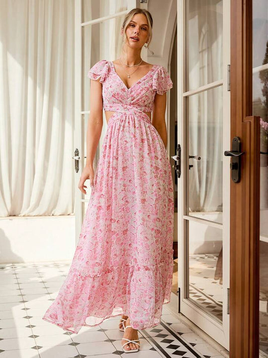 CM-DS922179 Women Trendy Bohemian Style Floral Chiffon Cutout Waist Dress - Pink