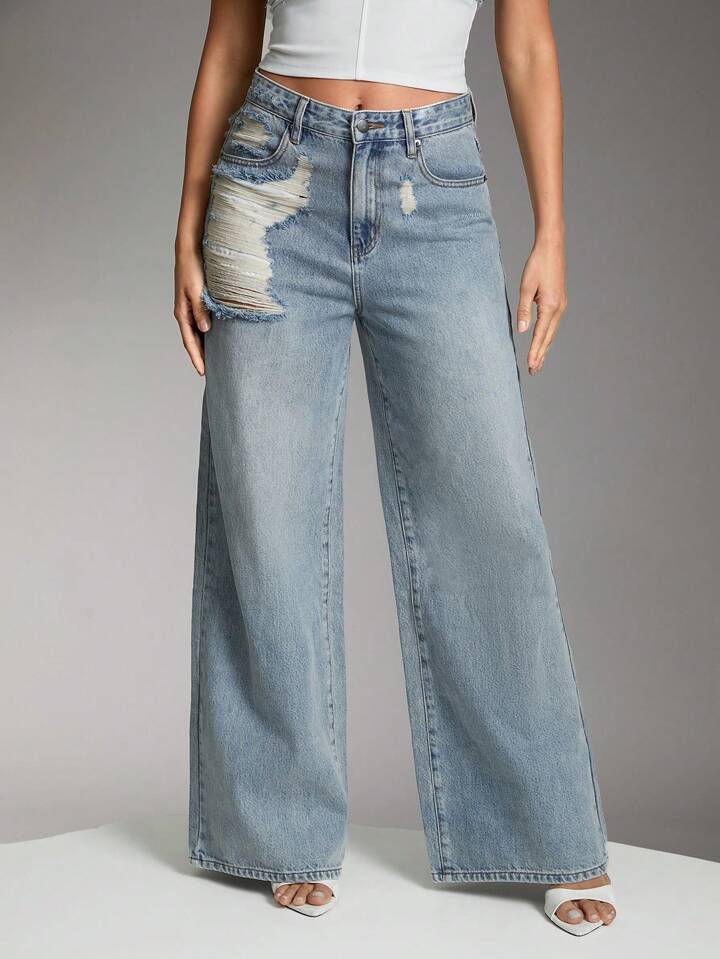 CM-BS623400 Women Casual Seoul Style Light Wash Shredded Wide Leg Denim Jeans