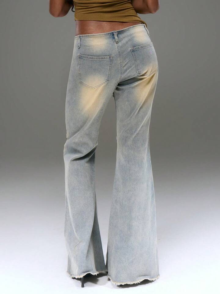 CM-BS321317 Women Casual Seoul Style Distressed Washed Tie Detail Flare Fitted Jeans