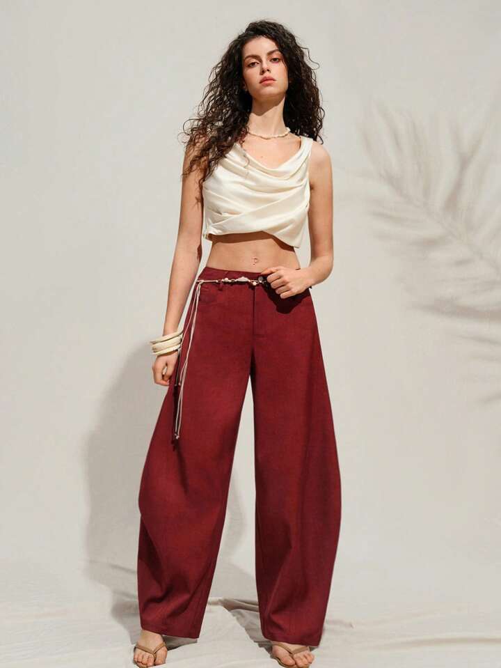 CM-BS980898 Women Casual Seoul Style Belted Flared Wide Leg Pants - Burgundy