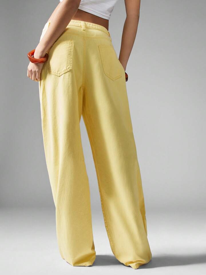 CM-BS804471 Women Casual Seoul Style Mid Waist Ultra Wide Leg Baggy Jeans - Yellow