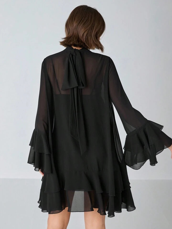 CM-DS399818 Women Elegant Seoul Style Solid Stand Collar Long Sleeve High Waist A-Line Dress - Black