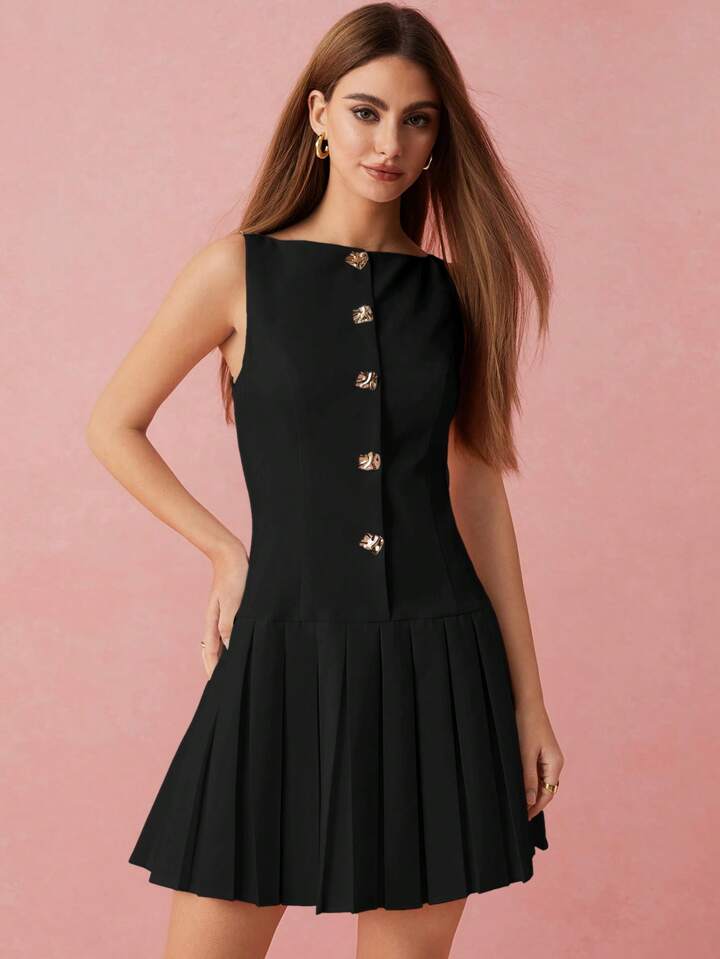 CM-DS158041 Women Elegant Seoul Style Metal Buttons Decor Pleated Hem Sleeveless Mini Dress - Black