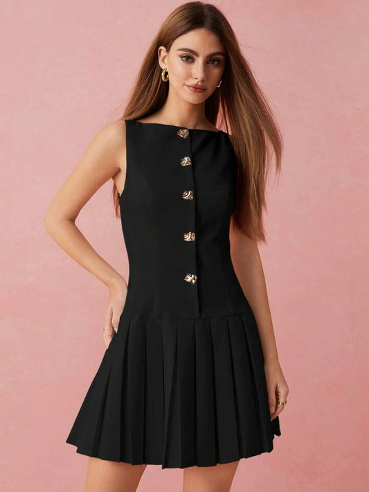 CM-DS158041 Women Elegant Seoul Style Metal Buttons Decor Pleated Hem Sleeveless Mini Dress - Black