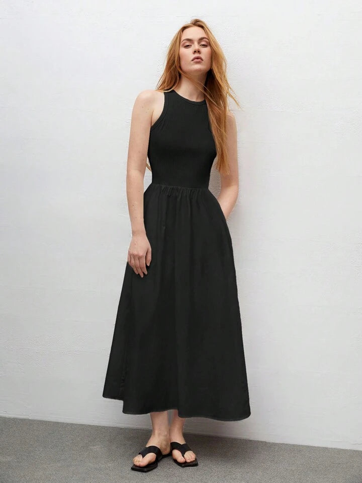 CM-DS644099 Women Trendy Bohemian Style Round Neck Sleeveless High Waist Slim Fit Dress - Black