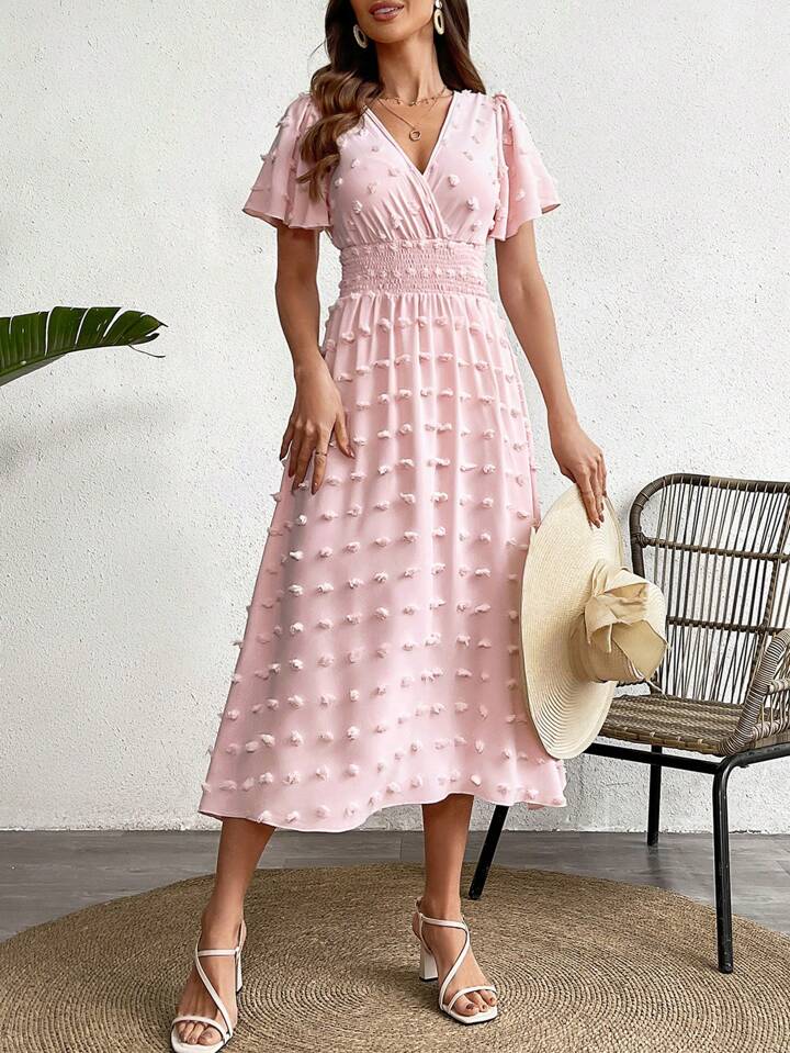 CM-DS224449 Women Casual Seoul Style Short Sleeve V-Neck Waist Gathered Dress - Pink
